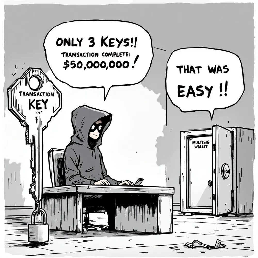 Cartoon of hacker stealing $50m using 3 keys